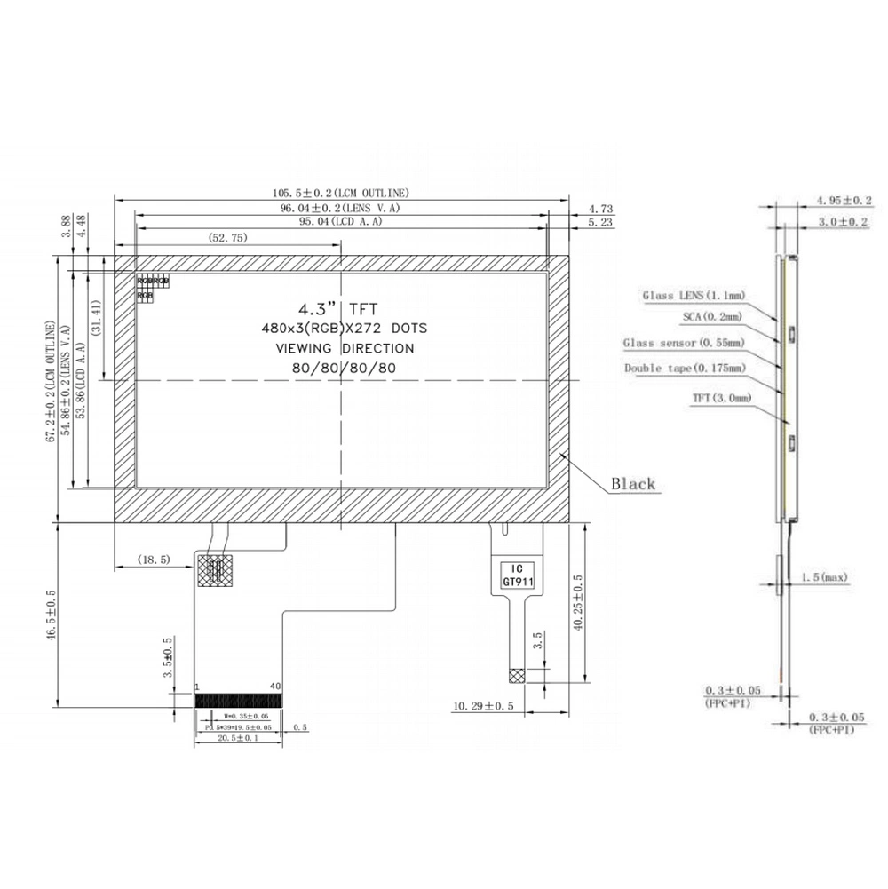 Industrial Grade 4.3" LCD Panel Transmissive / Normally Black Wqvga Full Color Display