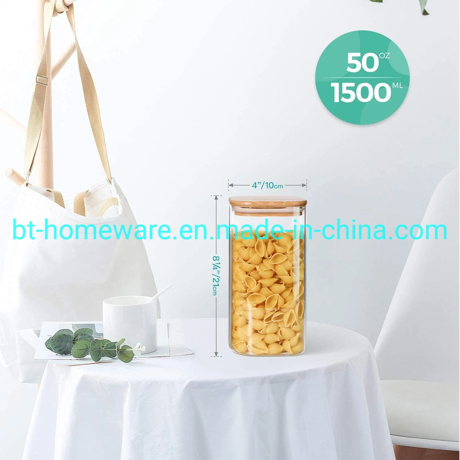 Wholesale/Supplier 50oz 1500ml Glass Square Sealed Clear Storage Food Tank Jar with Wooden Lid Sealed Bamboo Lid for Flour Grain Rice Daily Use