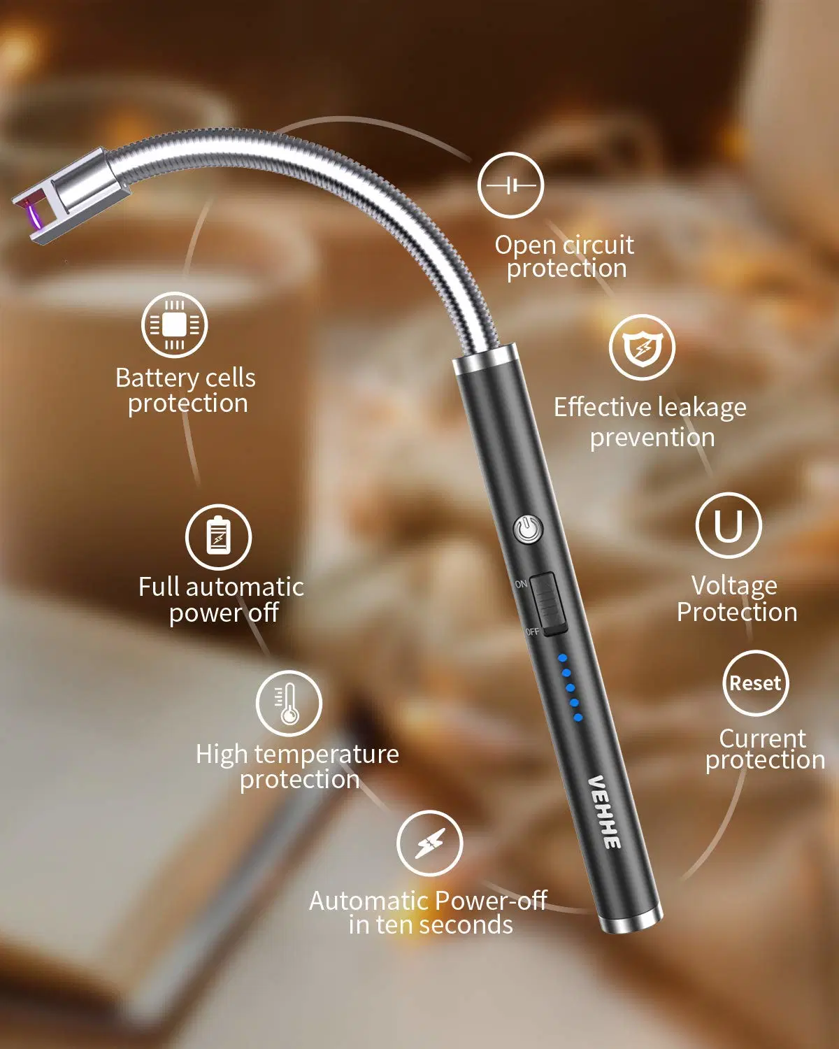 Vela, isqueiro recarregável Acendedor de arco eléctrico com visor LED da bateria longo pescoço flexível isqueiro USB para luz de velas fogões a gás Camping Churrasqueira