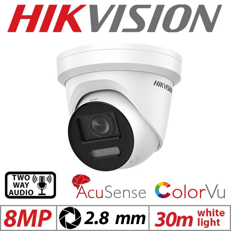 Hikvision Prix d'usine 8MP 4K Vision nocturne 24/7 Caméra IP Colorvu avec lumière stroboscopique et avertissement sonore, audio et alarme avec communication bidirectionnelle.