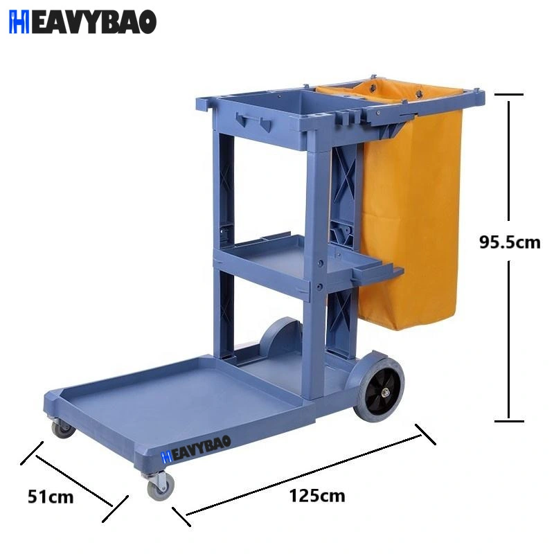 Heavybao Plastic Polyprepylene PP Cleaning Cart Housekeeping Trolley Janitor Cart with Bag