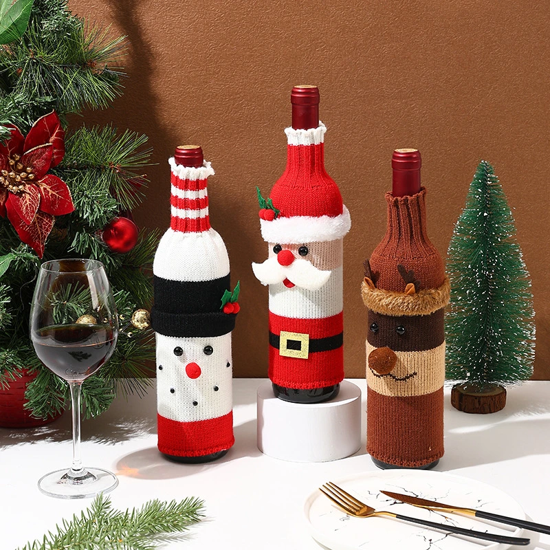 Christmas Decoration Wine Bottle Set Cartoon Knitted Snowman