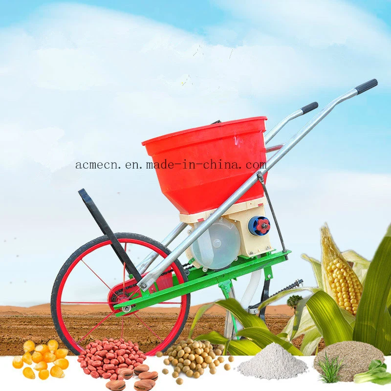 Máquina esparcidora de fertilizante manual para semillas y fertilizantes en agricultura.