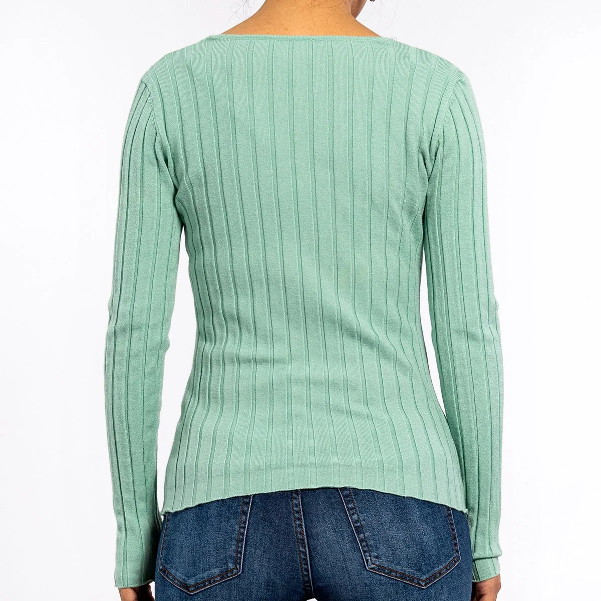 Women's Knitted V-Neck Pit Strip Tight Bottoming Long-Sleeved Light Green Sweater Pullover