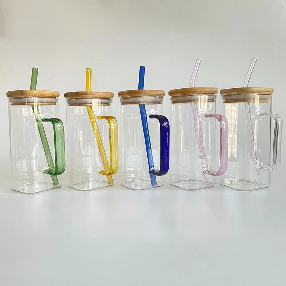 13.5oz 400ml Clear Square Glass Drinking Glass Straw Cup Mug with Clored Handle