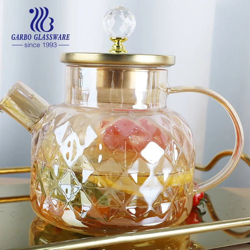 Promotion Gift Golden Colored Pyrex Borosilicate 1L Glass Teapot with Decoration Diamond Lid