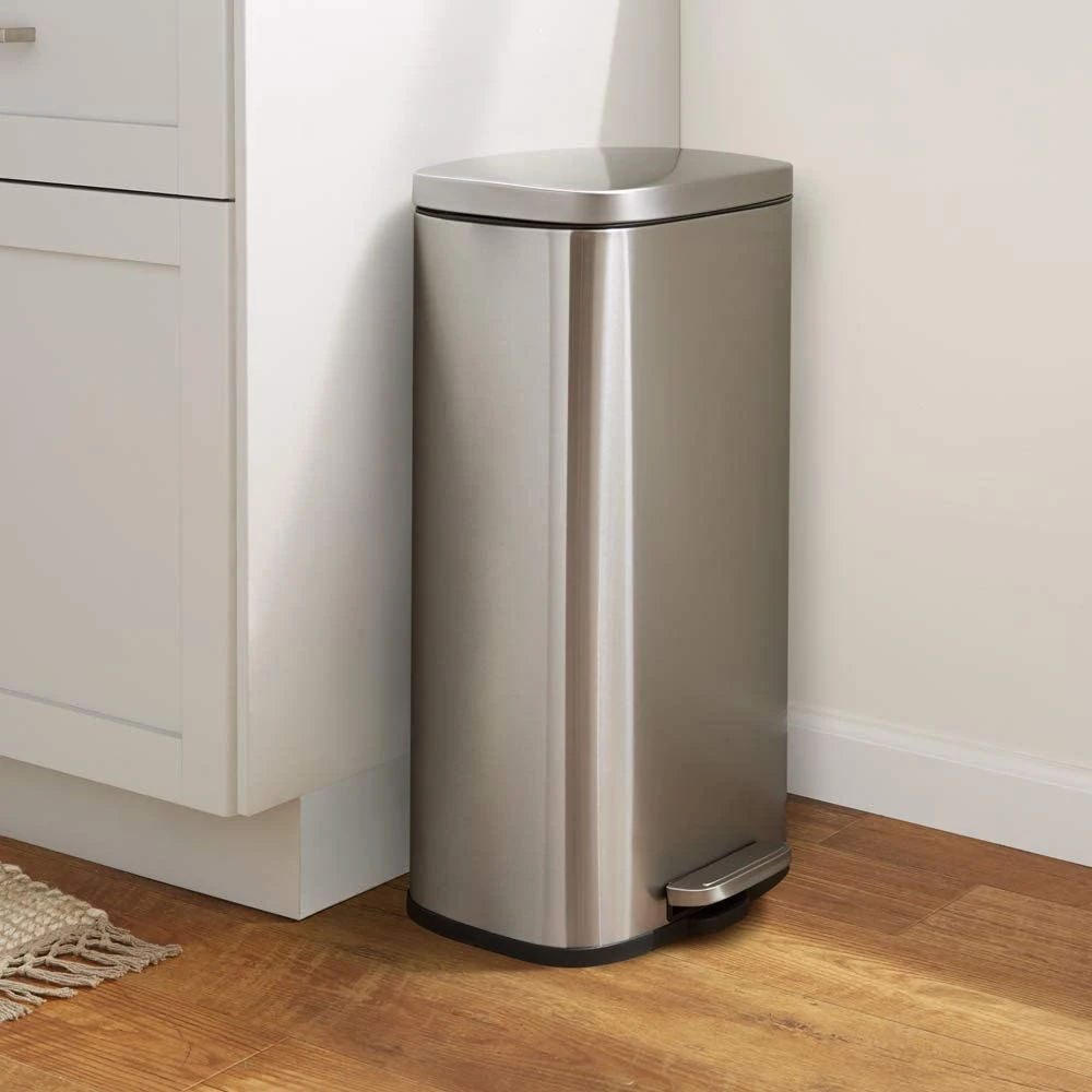 30L/8 Gallon Stainless Steel Dustbin with Foot Lever Pedal Control - Rectangular