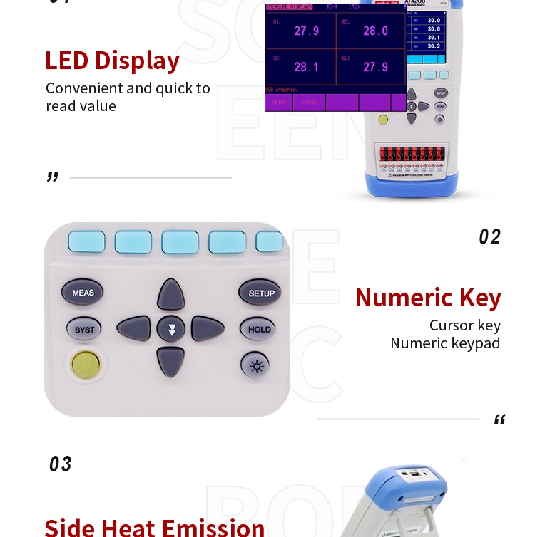 Instrumentos de prueba de termómetro digital de temperatura con display LCD multicanal (AT4208)