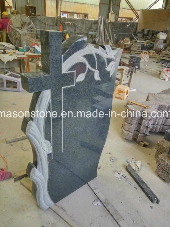 Dark Grey Granite Tree Carving with Cross Memorials Headstone