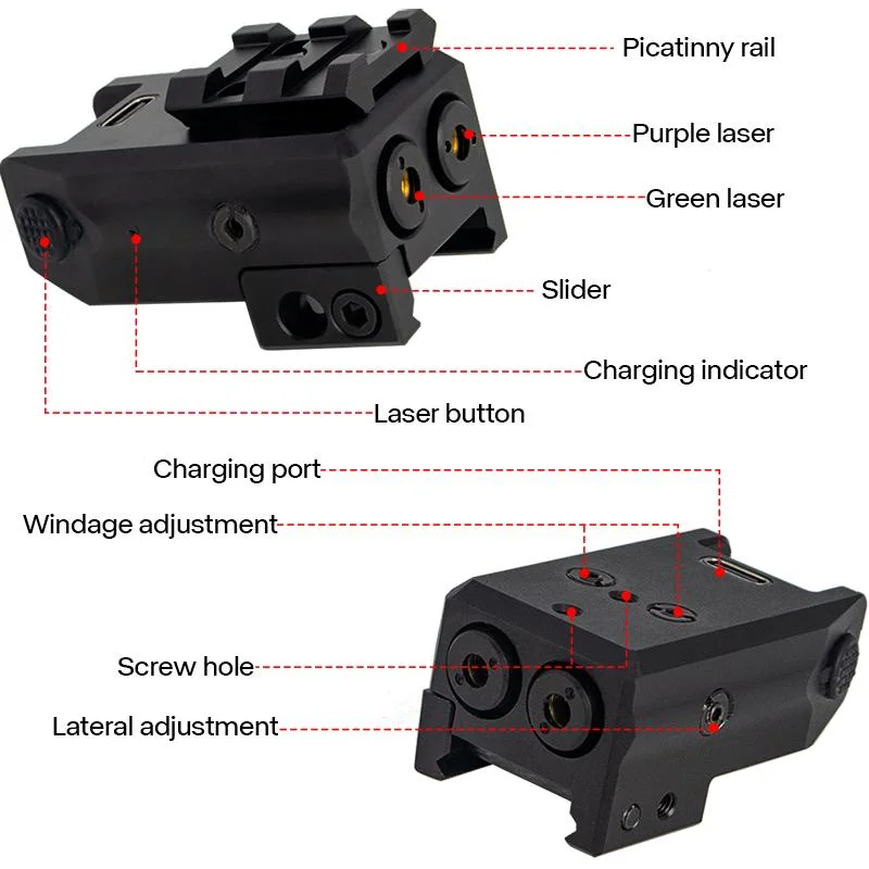 Double laser vert rouge violet Sites laser avec adaptateurs de rail amovible, Combo Duo-Laser Portée pour pistolet avec montage sur rail Picatinny