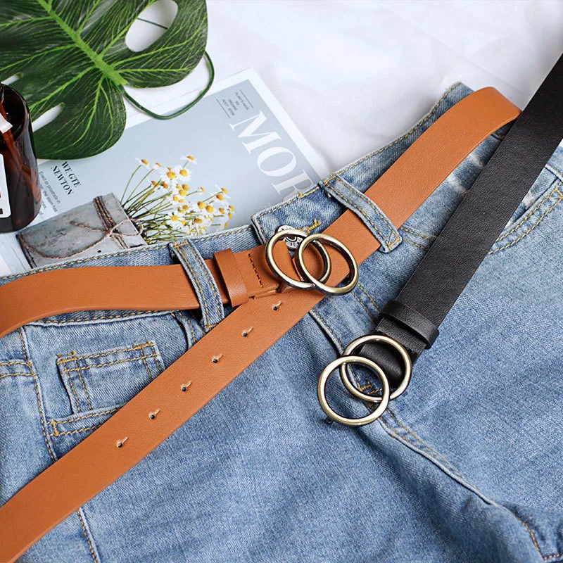 Hot Sale Fashion Double O-Ring Gold Circle Buckle Trendy Ladies Snake Black PU Fur Snake Skin Belt for Women's Jeans Pants Dress