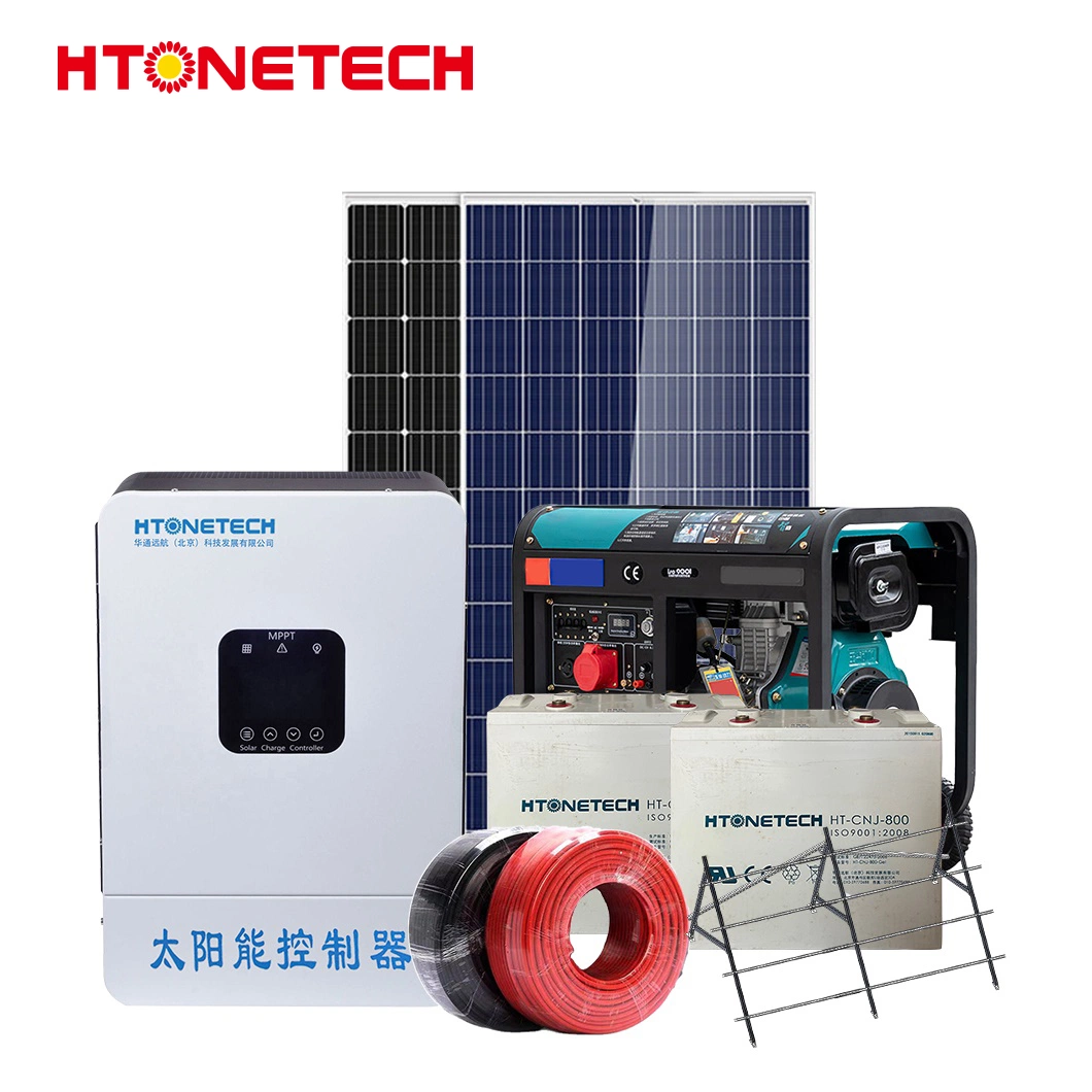 Htonetech 10FT نظام الطاقة الشمسية للحاويات خارج صناعة الشبكات الصين 38kw مولد الديزل التوربيني بالوجه ثنائي الوجه بقوة 600 واط ذو اللوحة الشمسية بقدرة 3 كيلوواط النظام