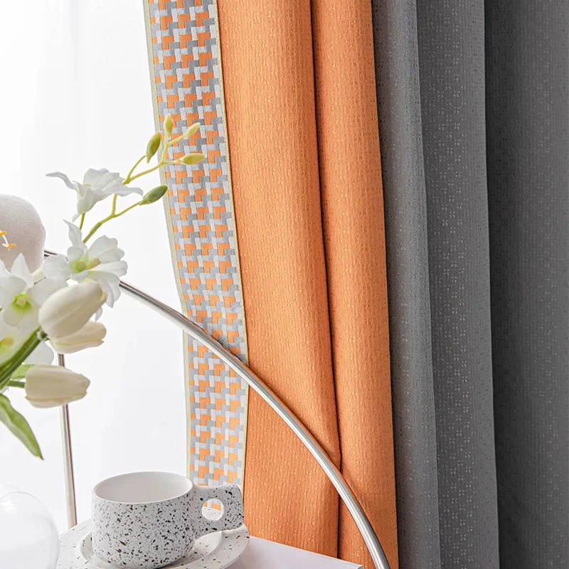 Modern Simple Study Living Room Cotton and Linen Seamless Splicing Jacquard Blackout Curtain