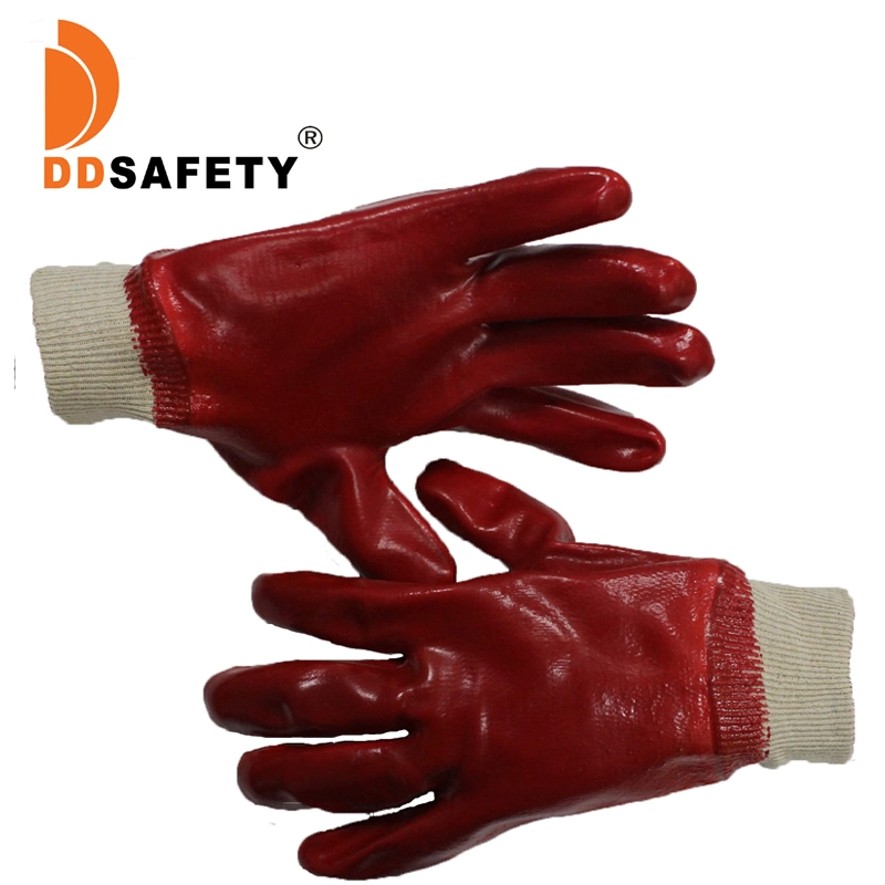 Red PVC Fully Dipped Gloves Cotton/Polyester for Shell Interlock Liner Knit Wrist CE En388 4131 Heavy Duty PVC Coated Work Gloves Liquid Chemical, Abrasion