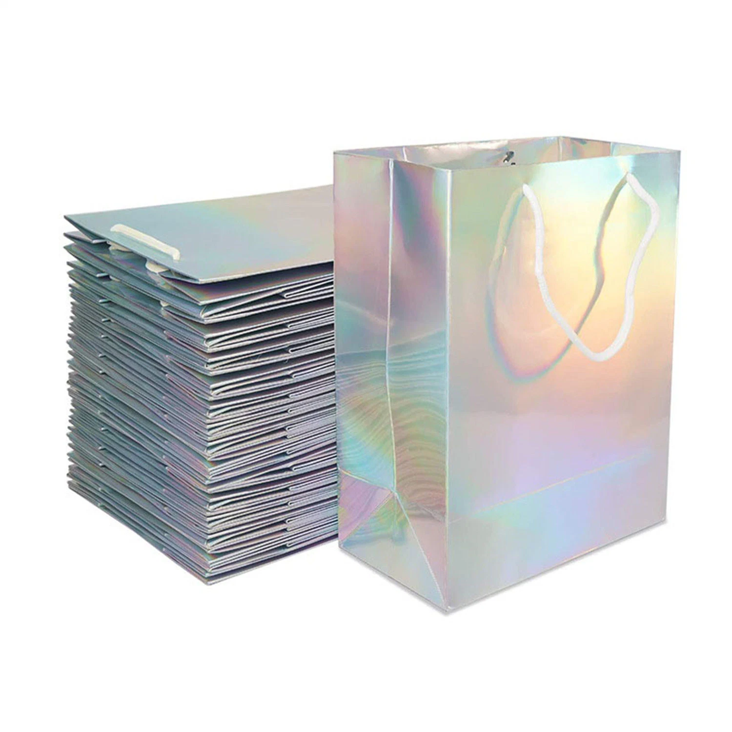 Customized Bag Rainbow Color Hardcover Christmas Gift Paper Holographic Laser Bag for Jewelry Cosmetic Shopping Bag