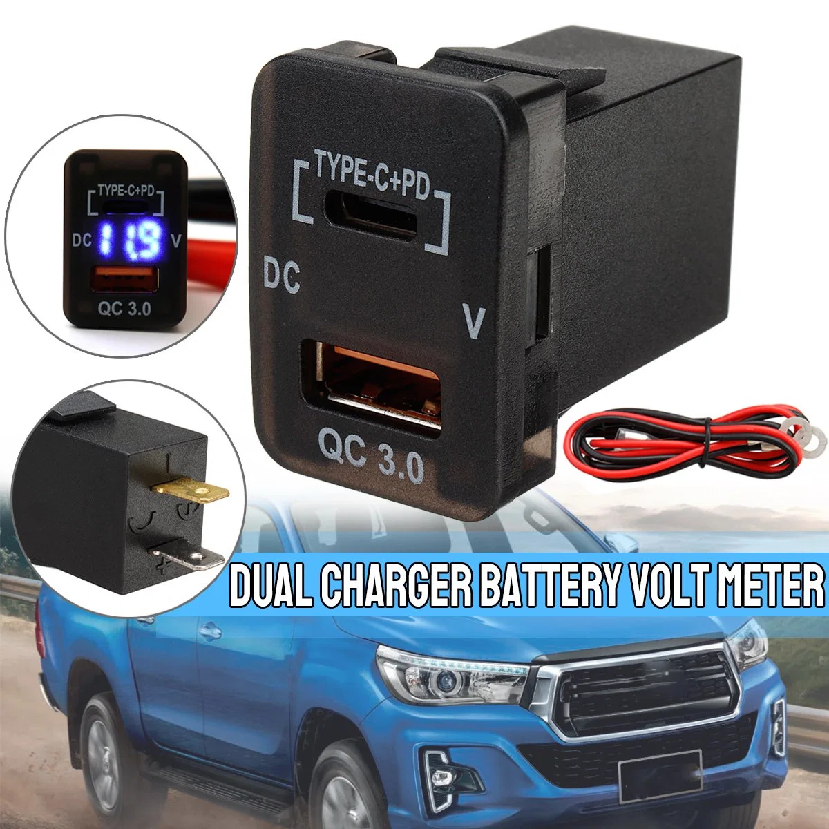 Type C+Pd & QC3.0 Port Dual Battery Volt Meter for Toyota Prado 150 Landcruiser