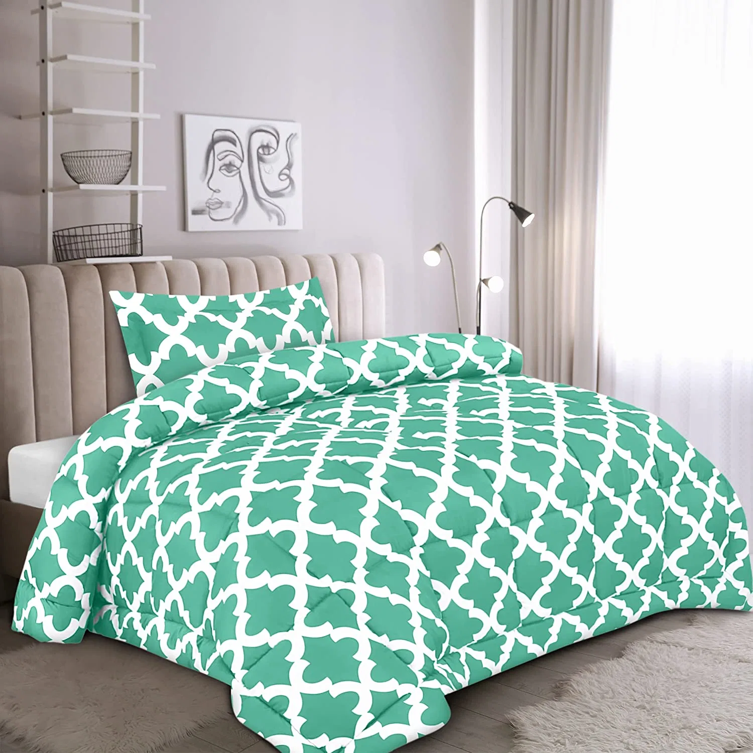 أسرّة الأطفال من نوع Twin لحاف (Quatrefoil Sea Green) مع بيلو شام - مجموعات من مفراش السرير - لأسفل لحاف بديل - ناعم ومريح