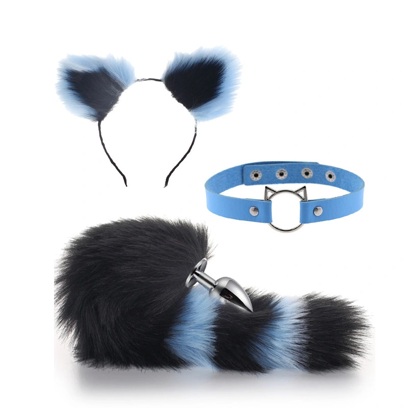 Azul y negro 3pcs / establecer buen juguete sexual de la próstata anal de pieles de animales artificiales Cola para hombres, mujeres Cosplay