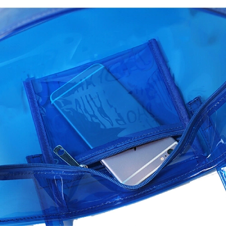 Fashion Wholesale/Supplier Clear PVC Shoulder Tote Bag with Zipper Large Blue Beach Bag Factory Transparent PVC Lady Tote Bag