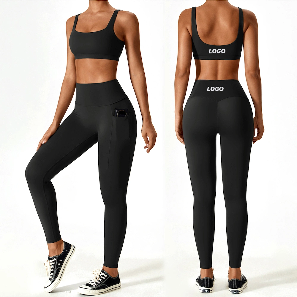 Nouveau design simple de vêtements de sport de luxe pour femmes, soutien-gorge de sport sexy à encolure en U et dos ouvert avec leggings de course taille haute, ensemble de vêtements de sport 3 pièces.