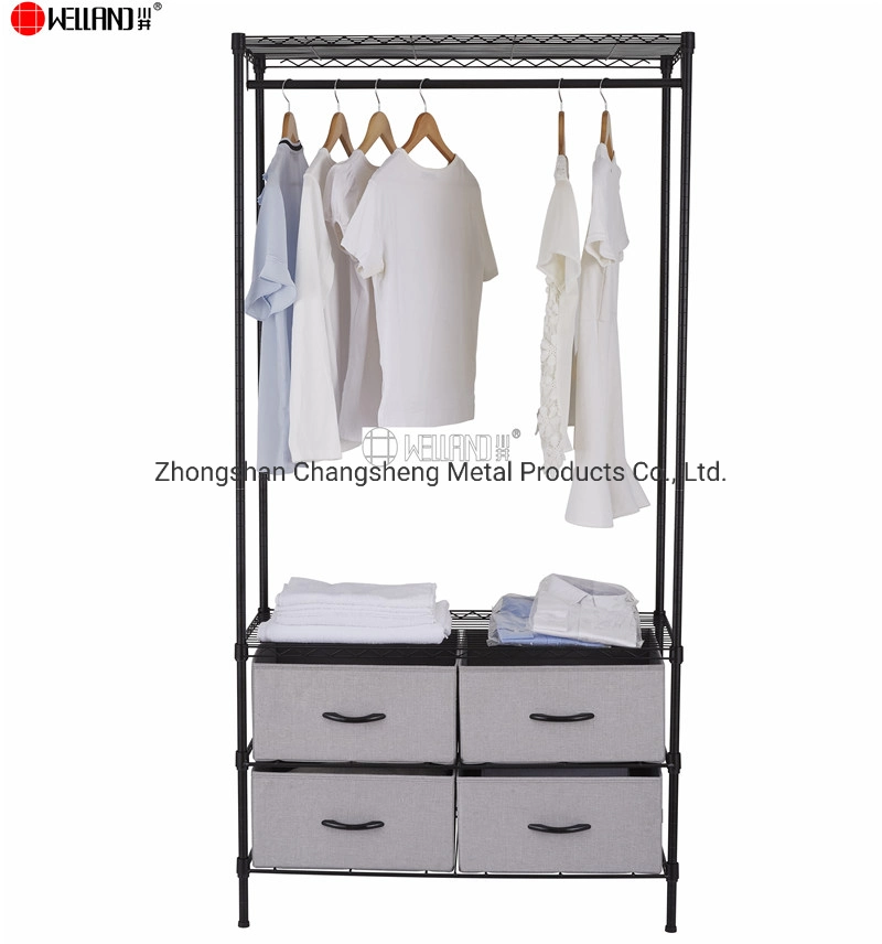 Free Standing Closet Organizer 4 Shelves Heavy Duty Steel Garment Rack with 4 Fabric Storage Boxes