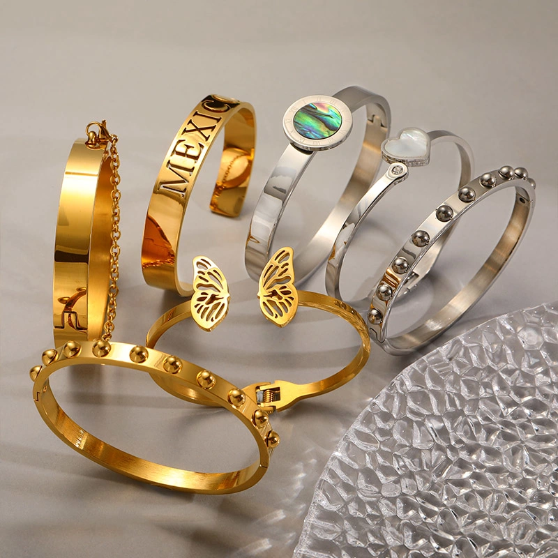 18K Gold Plated Heart Shape Shell Designer Cuff Jewelry Women 316L Stainless Steel Jewelry Wholesale Bracelets & Bangles