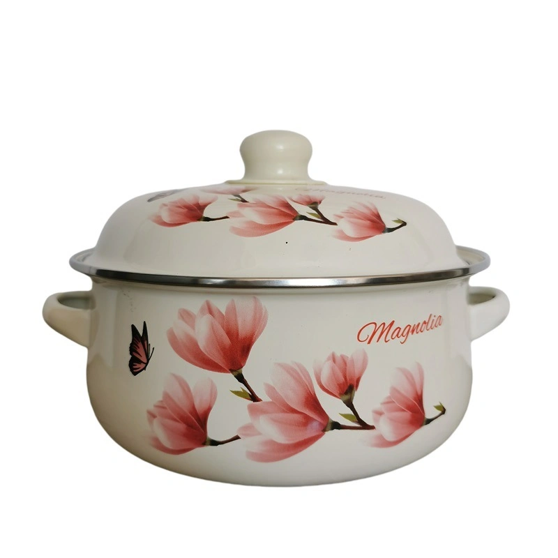 Custom Enamel Casserole 16/18/20/22/2/26cm Enamel Blanco Coating con Flower Decal Comida Pot de sopa de ollas de apila