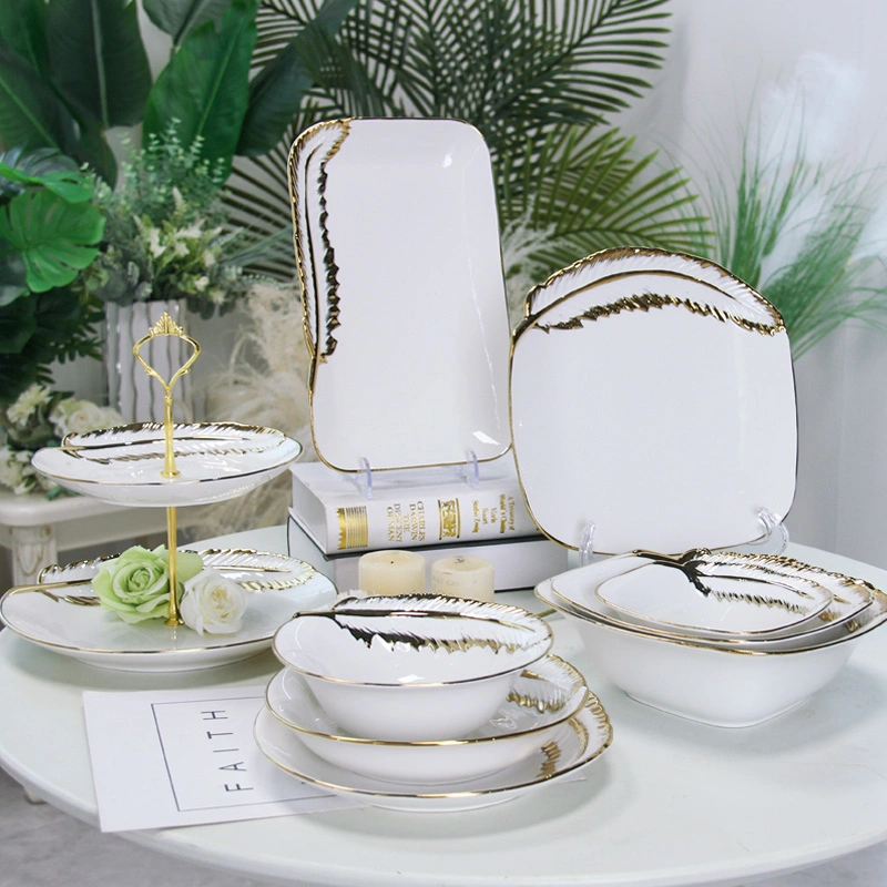 Ry006 Wholesale Wedding Charger Plates White Soup Bowl Porcelain Gold Feather Rim Dinnerware Sets for Hotel Restaurant