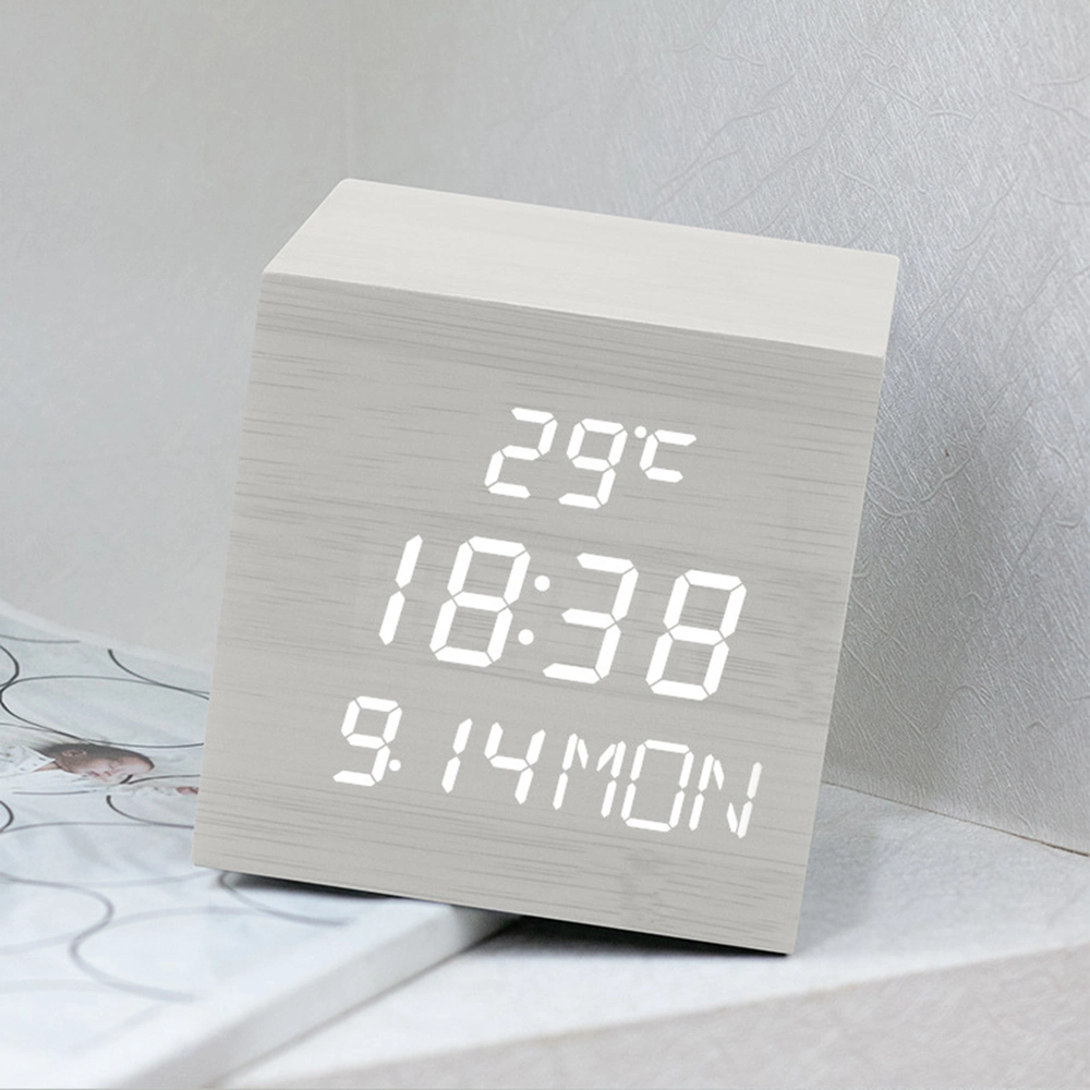 Temperature Calendar Table LED Alarm Clock Wood Effect Desk Gift