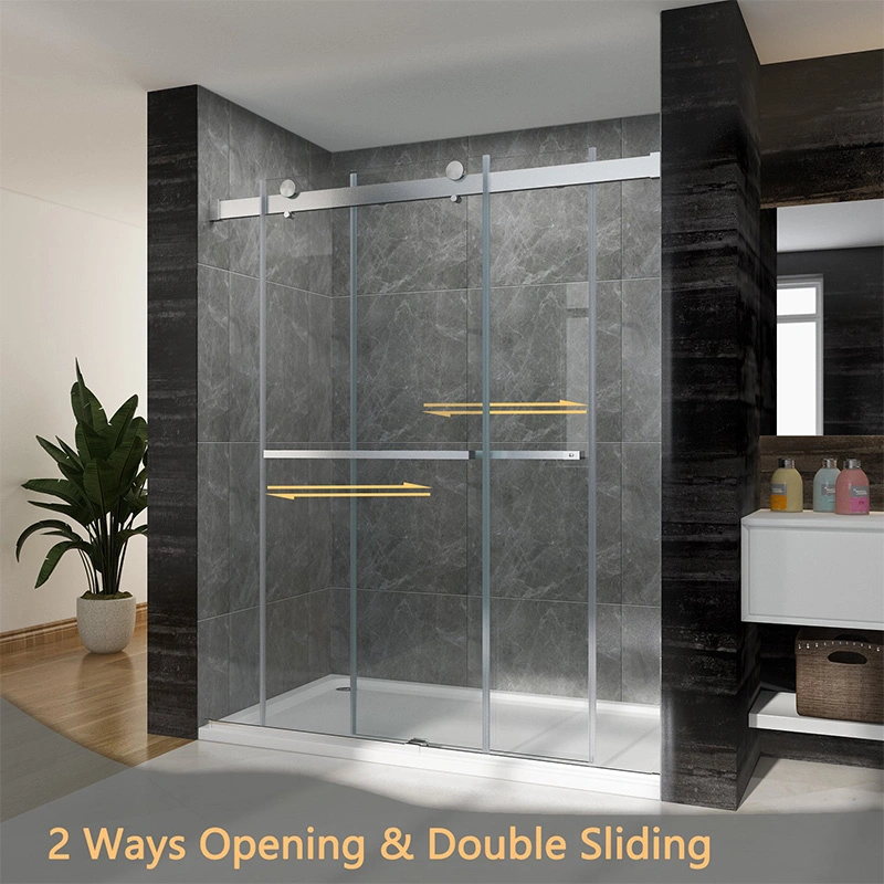 Bypass Shower Door Frameless Brush Nickle 8mm Tempered Glass Double Sliding Door