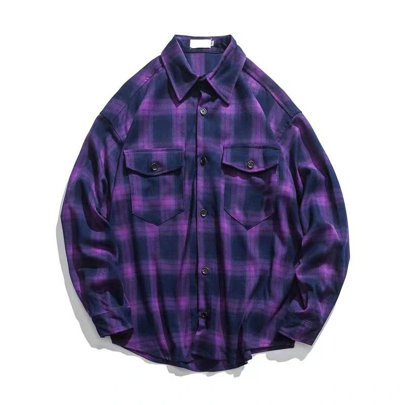 Custom 100% Cotton Heavyweight Retro Vintage Spring Autumn Winter Long Sleeve Purple Plaid Flannel Shirt for Men