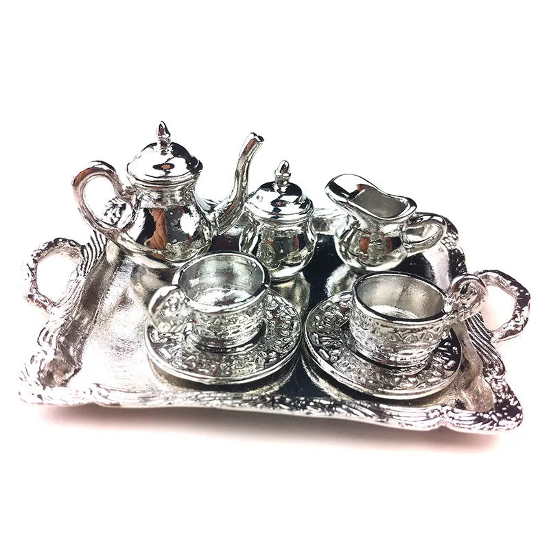 Dollhouse miniatura Plata Metal té Café bandeja vajilla juego para Decoración Dollhouse