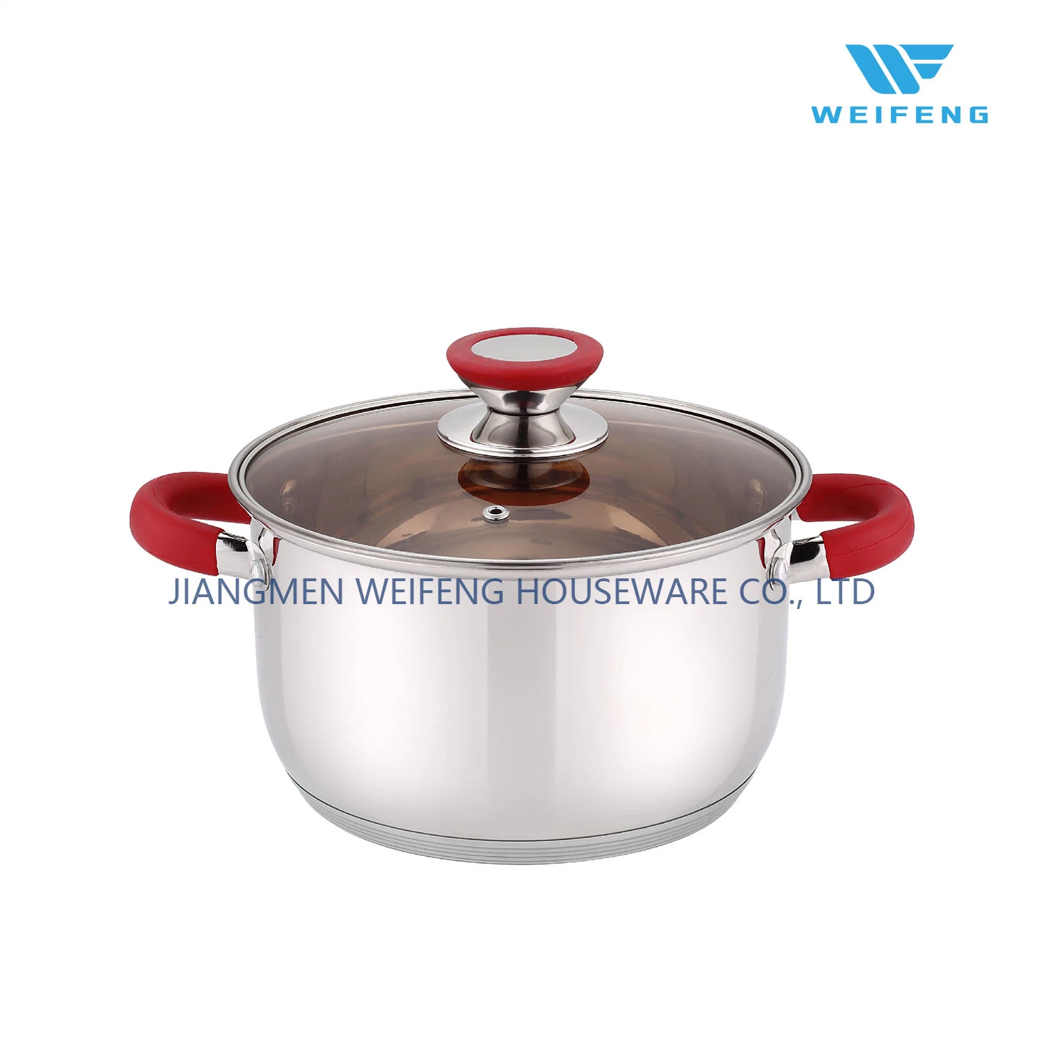 Red Silicone Riveted Handle, Stainless Steel Cookware with Brown Class Lid