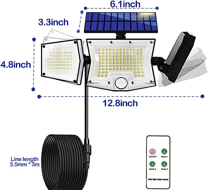 Luces de movimiento solar para exteriores luces de inundación impermeables Movimiento para exteriores sensor3 Cabezal ajustable 3000lm/199LEDs Iluminación 150sqm para patio de jardín de porche Patio