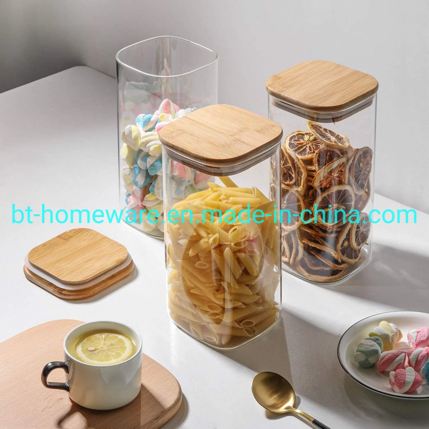 Wholesale 50oz 1500ml Glass Square Sealed Clear Storage Food Tank Jar with Wooden Lid Sealed Bamboo Lid for Flour Grain Rice Daily Use