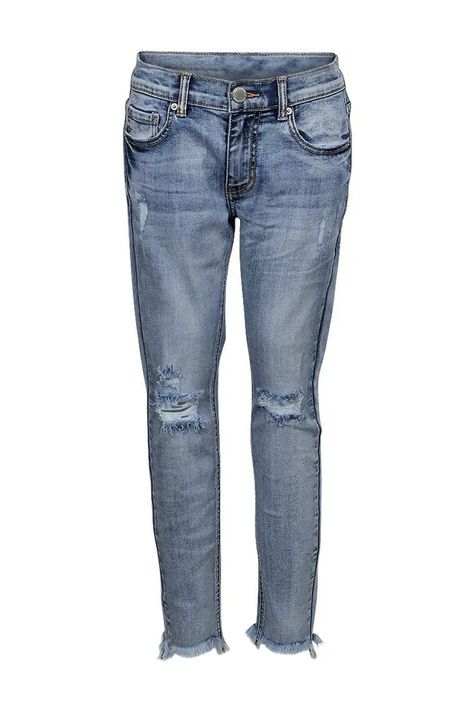 New Fashion Wholesale Distressed Trendy Vintage Denim Wash Straight Fit Ripped Women Denim Jeans