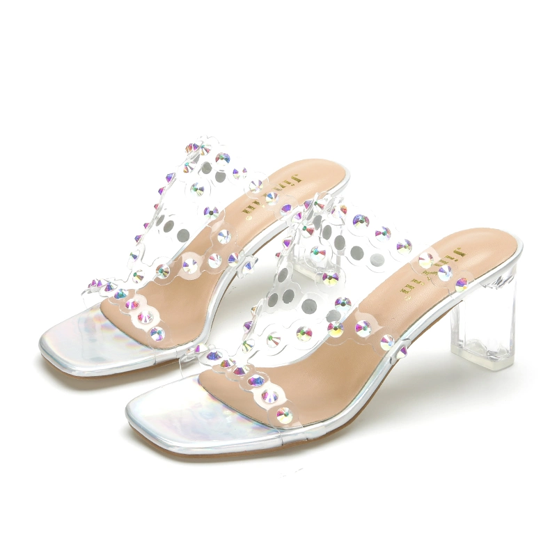 Europa y Estados Unidos nueva discoteca Mostrar parte Retro sandalias zapatillas zapatos de tacón grueso cristal transparente Fairy Dama zapatos Rhinestones