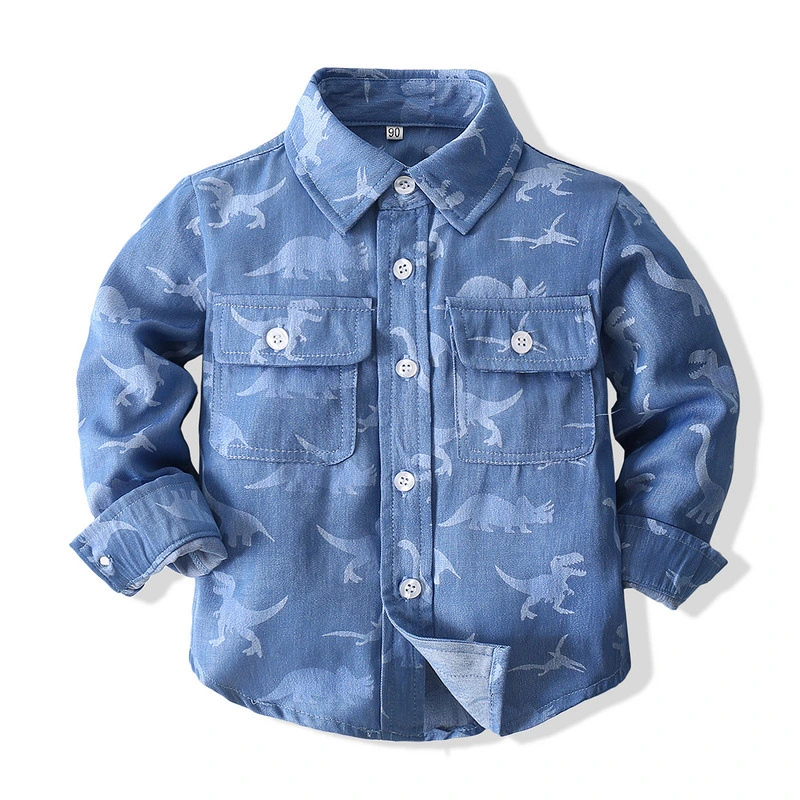 Factory Foreign Trade Children's Clothing 2020 Spring and Autumn New Boys' Long-Sleeved Cartoon Dinosaur Denim Shirt