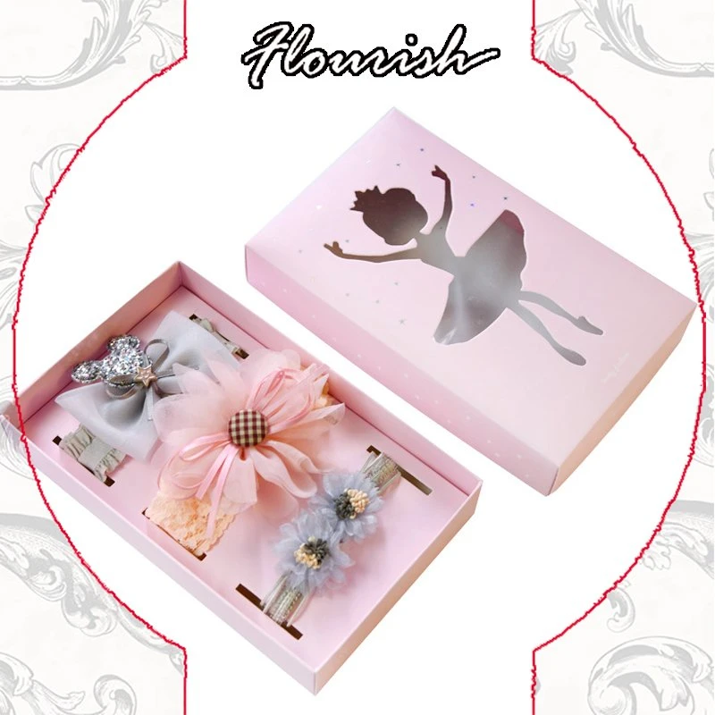 Silver Stamping Pink Color Lid and Base Type Girls&prime; Hair Clips Packaging Gift Box