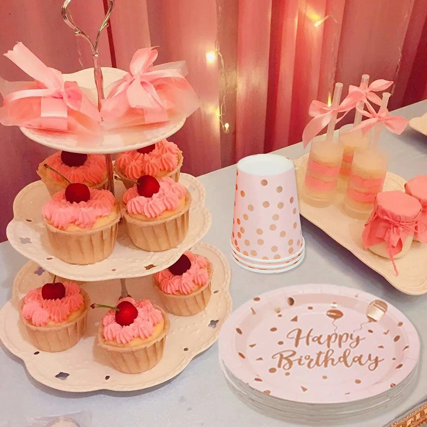 25 Pink Birthday Party Plates Supplies Rose Gold Paper Plates Cups Napkins Sets Plastic Silverware for Rose Gold Birthday Party