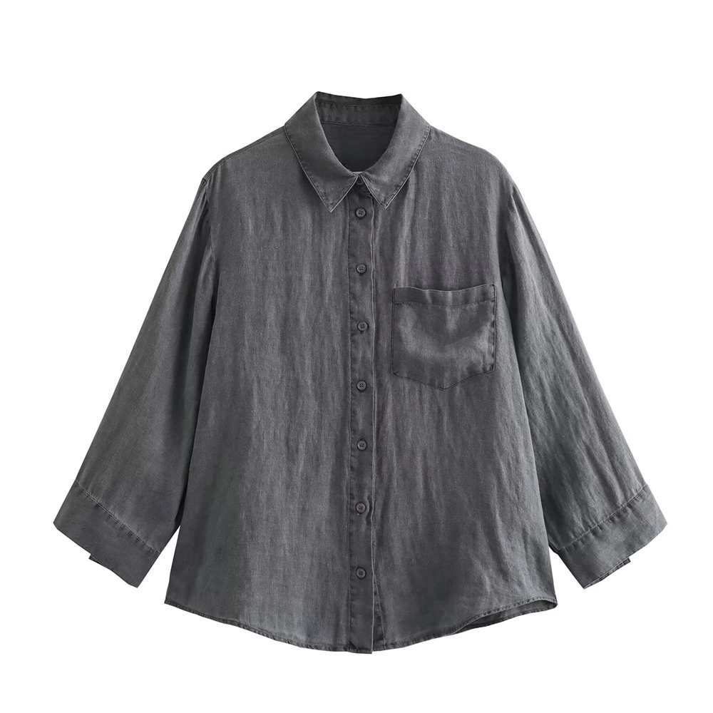 Pb&Za Women's Clothing Wholesale/Supplier Autumn Dark Gray Linen Shirt with Pockets