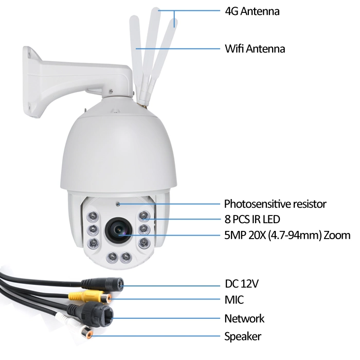 DOME de velocidade IP Wi-Fi DE 7 polegadas 4G Starlight DE 5 MP E 20X Câmara PTZ de segurança