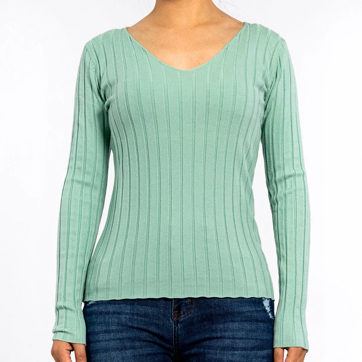 Women's Knitted V-Neck Pit Strip Tight Bottoming Long-Sleeved Light Green Sweater Pullover