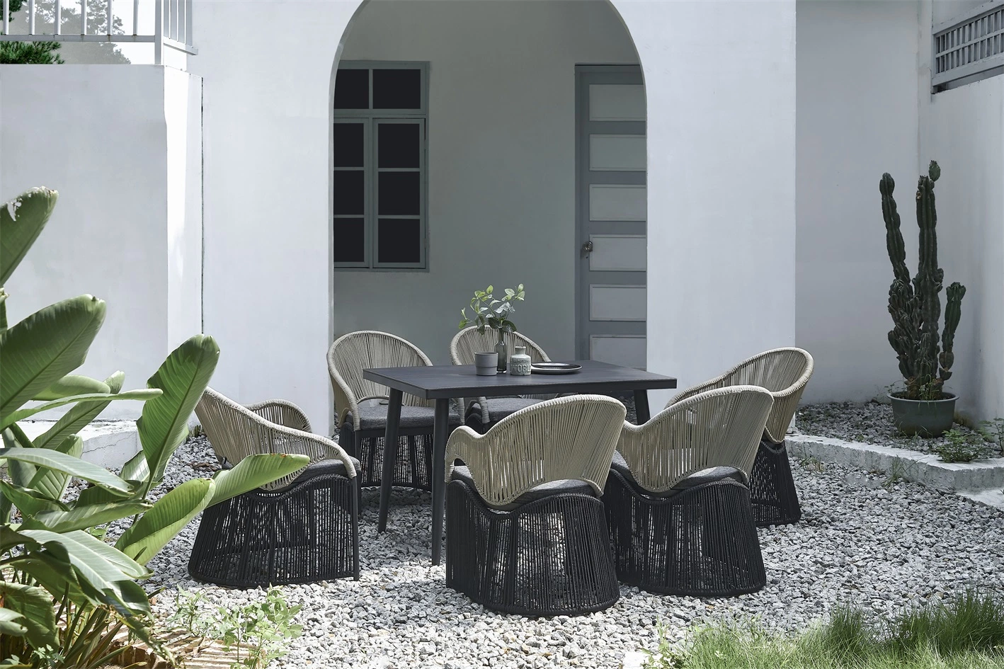 Hotel Aluminum Frame Garden Dining Furniture Patio Rope Weaving Outdoor Furniture Dining Table Set
