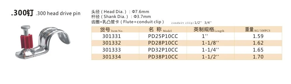 Nail Fastening Drive Pin for Powder Actuated Tools. 300head Drive Pin Flute+Right Angle Ceiling Clip Pd32p10c