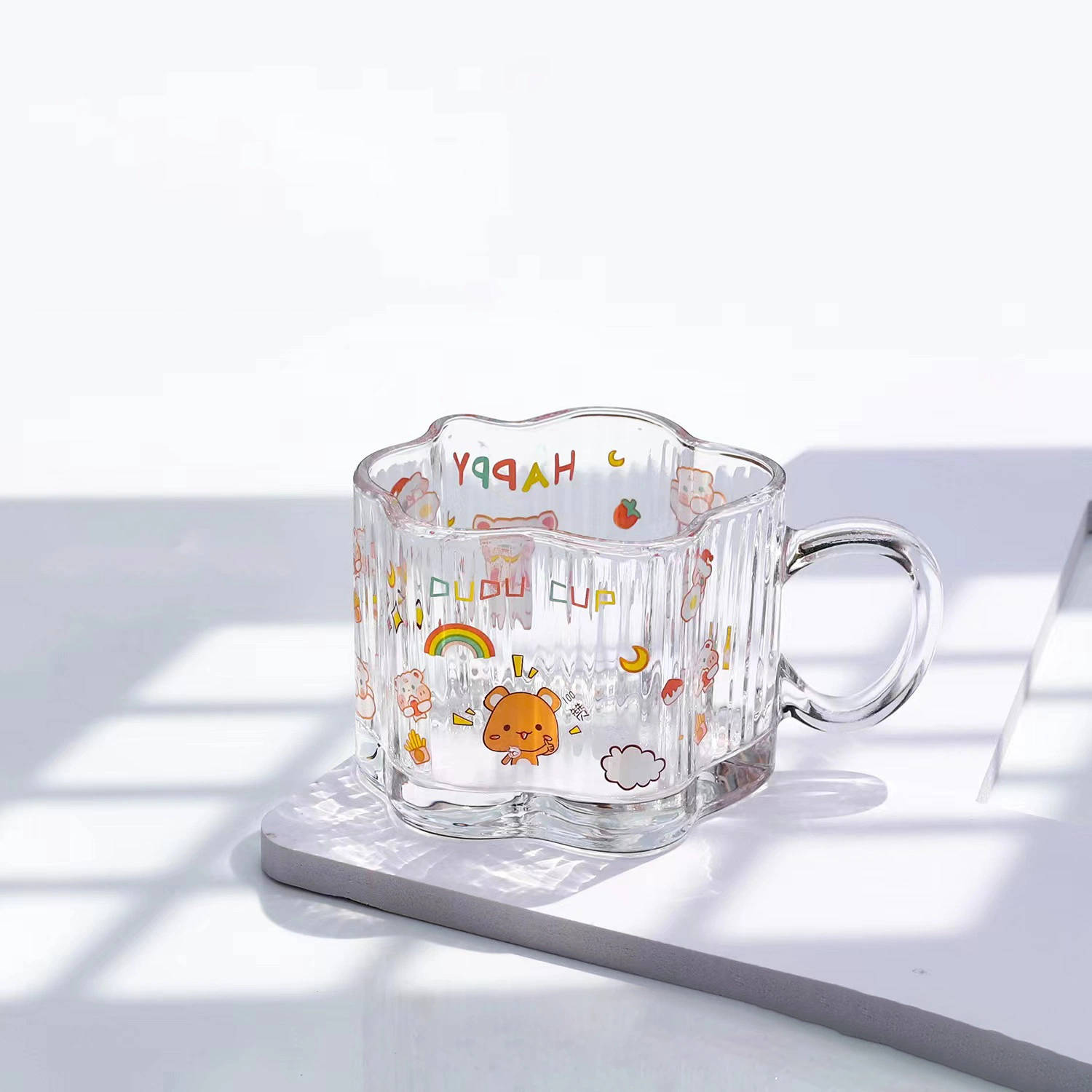 Cute Flower agua vidrio Café leche Copa Electrochapado Colorful Gold Copa RIM 260ml Cartoon forma de nube vidrio con asa