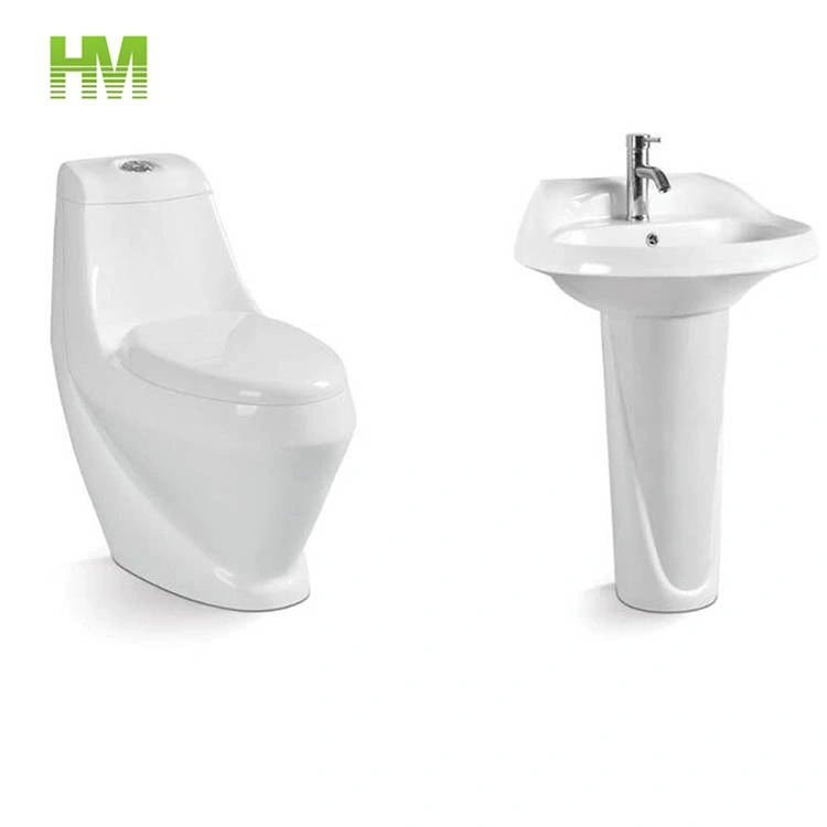 Sanitary Ware One Piece Floor Mounted Ceramic Toilet and Pedestal Basin as a Set