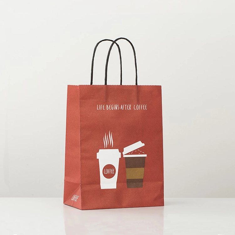 Custom Brown Kraft Paper Bag with Handle, Eco Friendly Flat Handle Food Delivery Bag, Restaurant Takeout Takeaway Bag for Food