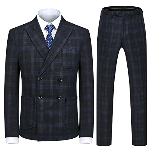 Mens Plaid 3 Piece Suits Slim Fit Double Breasted Plaid Formal Business Suit