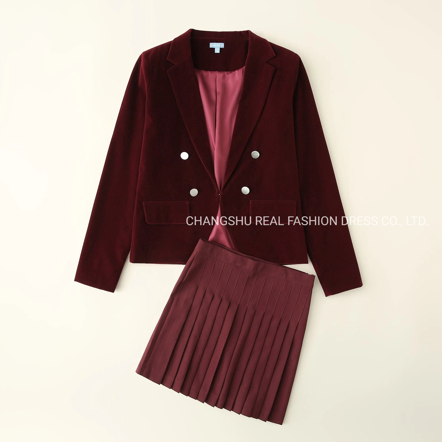 Toddle Kids Wear Girl Children Fashion Burgundy Velour Blazer and Pleated Skirt Suit Clothing